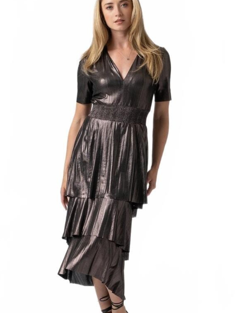 NEW! Saint + Sofia Metallic Bronze High-Low Tiered V-Neck Dress Size 4